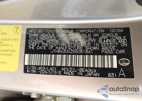 2005 Lexus Es 330 из США, поврежденный, VIN JTHBA30G255081841